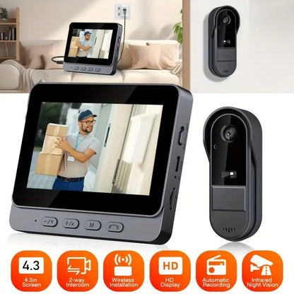 Wireless video doorbell with camera outdoor IP65 waterproof 1080P wireless doorbell 4.3 inch IPS screen doorbell 170° HD camera intercom infrared night vision two-way audio.