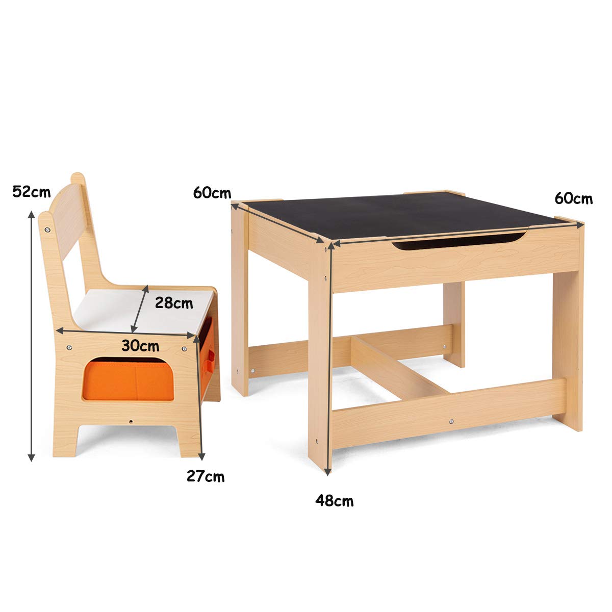 DREAMADE Multifunctional Kids Table Set, Children's Table with 2 Chairs & 2 Storage Boxes for extra space, removable tabletop with chalkboard for drawing, 3-piece Children's Furniture Set (Natural)