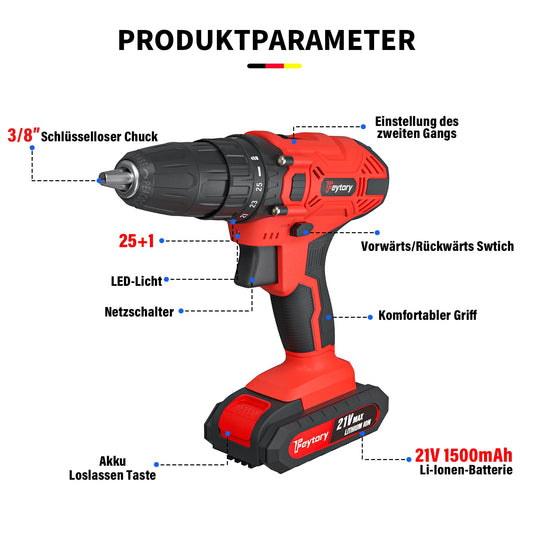 21V cordless drill with 1 battery 1500mAh, Red Mini cordless drill with hammer function, Battery drill driver 45Nm cordless drill 25+1 cordless screwdriver, 29pcs accessories and case