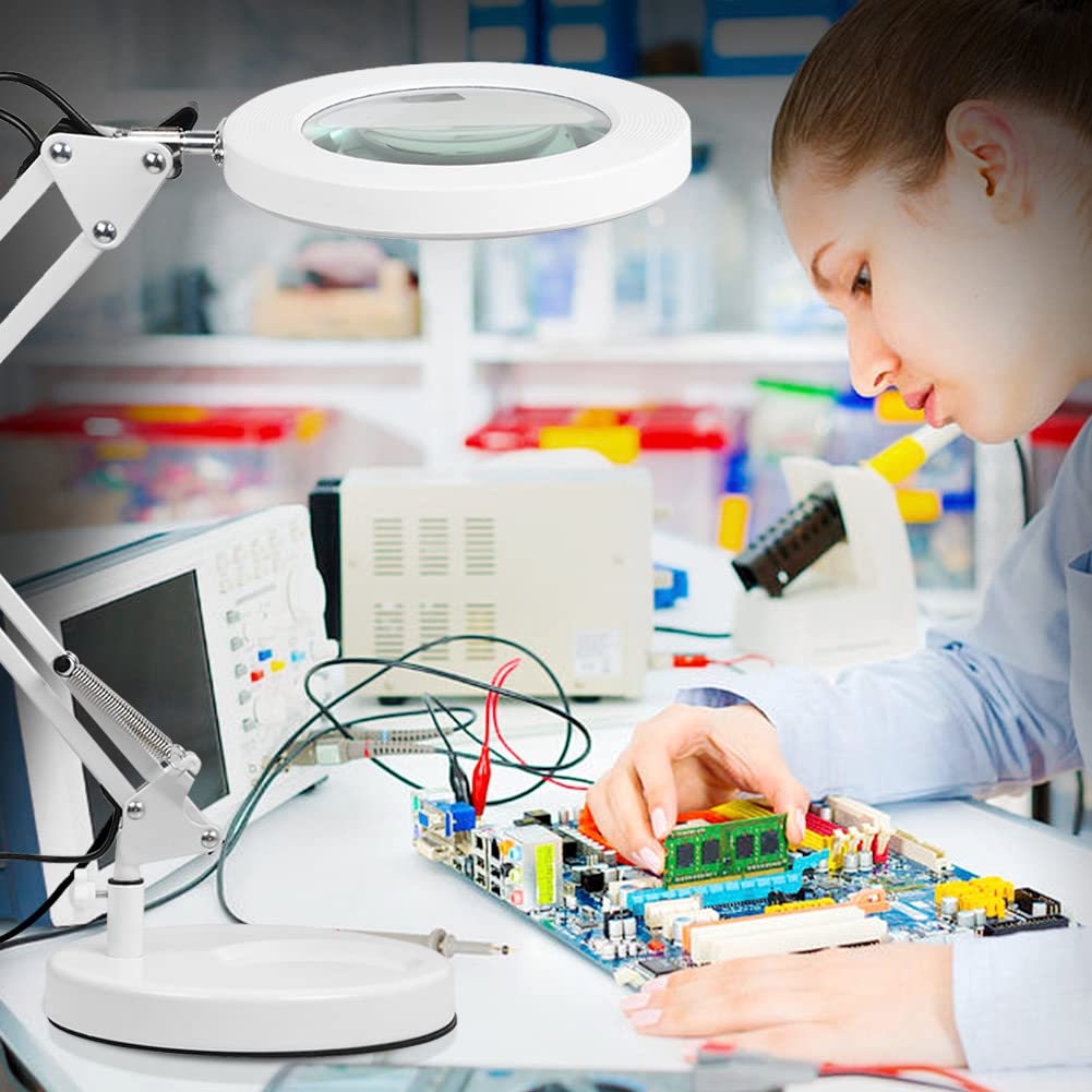 LED magnifying lamp, workplace light, 8 diopter magnifier with light - with clamp & stand, swivel arm, dimmable, 3 color modes, magnifier for reading, crafting - 8x magnification (white)