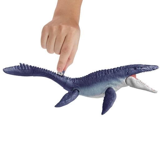 Jurassic World HNJ57 - Dominion Mosasaurus dinosaur action figure, 70 cm tall with movable joints, physical & digital play, dinosaur toy for children ages 4 and up.