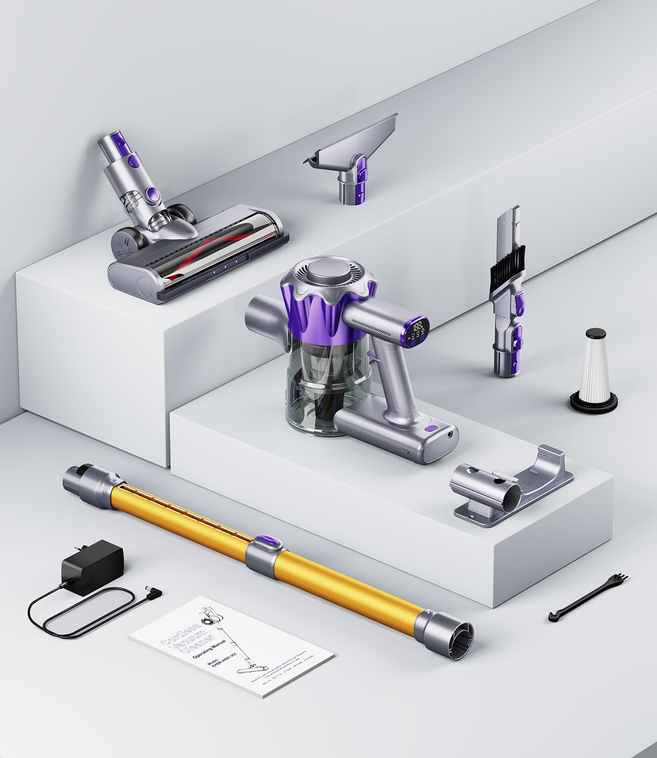 Cordless vacuum cleaner, 40000Pa/450W with smart display. Up to 50 minutes runtime. Comes with automatic mode and anti-tangle brush for carpets, hard floors, and pet hair.