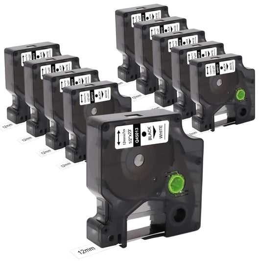 Molabel 10-pack compatible label tapes for Dymo D1 45013 S0720530 (12mm x 7m), Black on White, suitable for Dymo LabelManager 160, 200, 210D, 280, 360D, 420P, 450D.