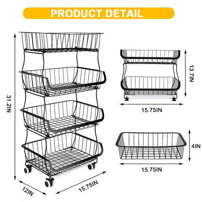 Miyawell fruit basket stand 4 tier fruit stand metal vegetable basket removable fruit holder kitchen storage basket with wheels suction cups, countertop decorative bowls 4 tiered fruit bowl