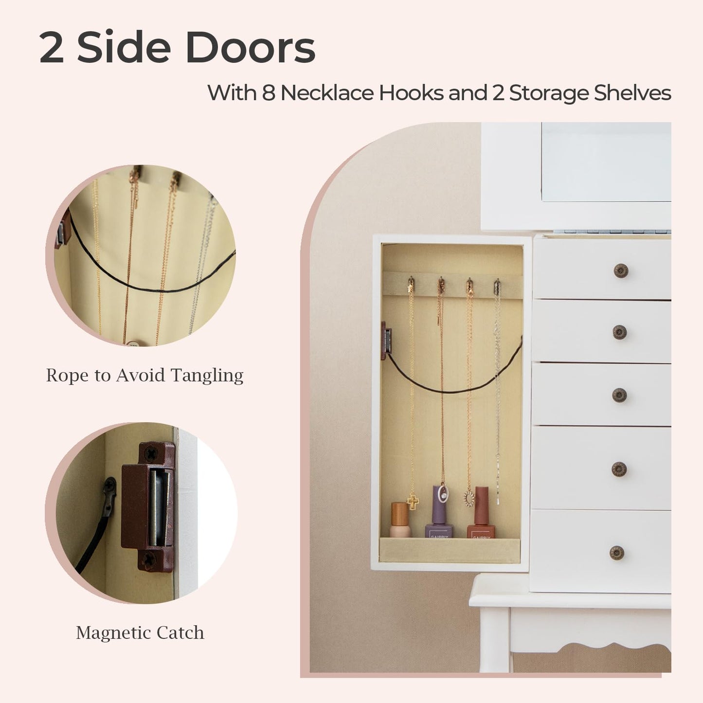 HOMASIS Jewelry Box with 4 Drawers & 8 Hooks, Jewelry Cabinet with Mirror, Jewelry Case with 4 Solid Wood Legs, Jewelry Storage for Wardrobe, Bathroom, Bedroom, White