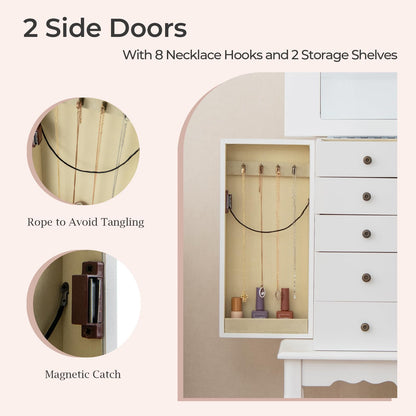 HOMASIS Jewelry Box with 4 Drawers & 8 Hooks, Jewelry Cabinet with Mirror, Jewelry Case with 4 Solid Wood Legs, Jewelry Storage for Wardrobe, Bathroom, Bedroom, White
