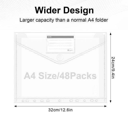 Agoer 48 Piece A4 Document Wallet with Velcro Fastening, [Wider Sizes] A4 Filing Folder, A4 Clear Pocket with 11 Hole Edge for Organizing Documents with Label Pocket.
