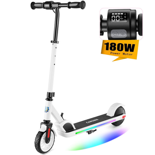 Caroma electric scooter for kids aged 6-14, 180W motor, 16 km/h, 60 min ride time, Adjustable speed & height, Colorful lights, LED display, Foldable kids electric scooter.