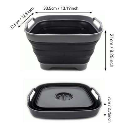 SAMMART TPE and Polypropylene, 10 liters collapsible wash basin with drain plug - Portable dishwashing tub - Space-saving kitchen storage compartment (Gray/Black, 1)