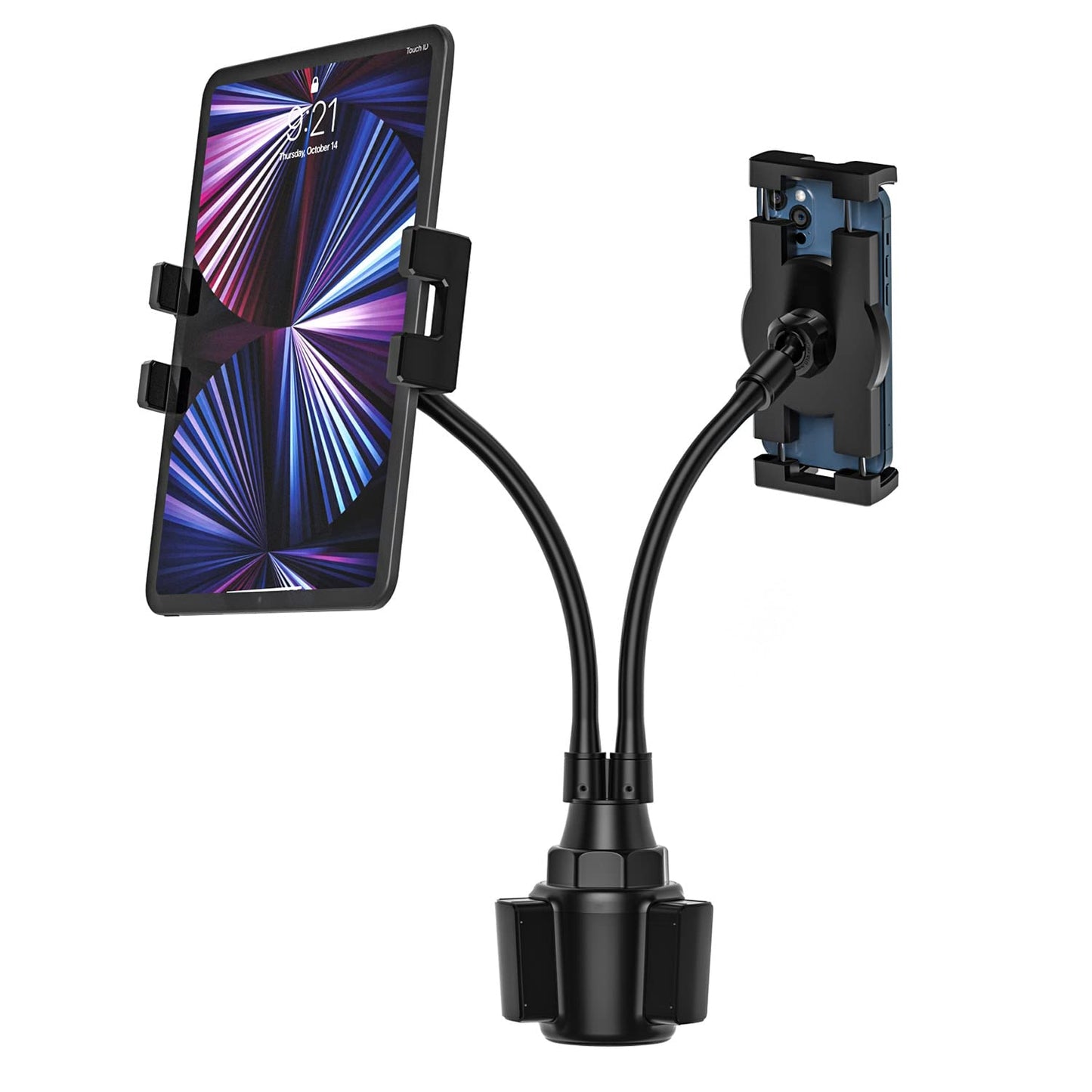 Oilcan Dual Auto Holder Tablet Drink Holder, Car Cup Tablet Holder Stand with Gooseneck Strong Long Arm for iPad mini Air Pro, iPhone, Galaxy Tab, 4-12.9" Phones and Tablets