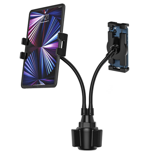 Oilcan Dual Auto Holder Tablet Drink Holder, Car Cup Tablet Holder Stand with Gooseneck Strong Long Arm for iPad mini Air Pro, iPhone, Galaxy Tab, 4-12.9" Phones and Tablets