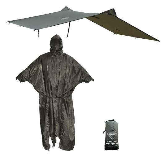 Onewind rain poncho for men and women, lightweight waterproof raincoat with hood and adjustable straps for camping, hiking, trekking, OD green.