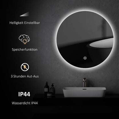 EMKE LED Bathroom Mirror with Lighting, 60cm diameter, dimmable cool white light 6500K, storage function, touch switch, energy-saving IP44 rated.