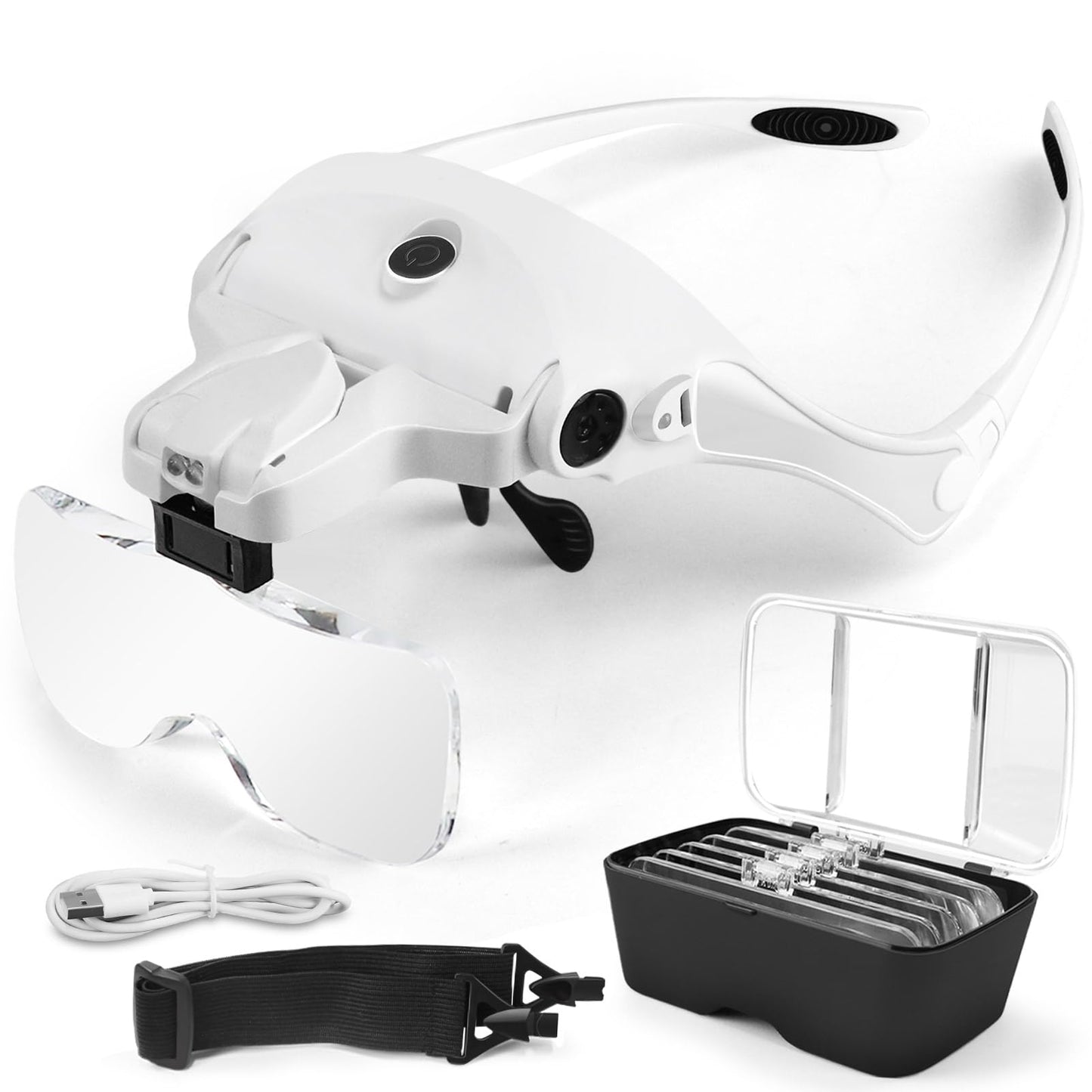 AUTOPkio LED Headband Magnifying Glass with Light, USB rechargeable, adjustable hands-free headset magnifier with 2 LED lights. Lightweight headband magnifying glasses for repairing, 5 lenses 1.0X, 1.5X, 2.0X, 2.5X, 3.5X.