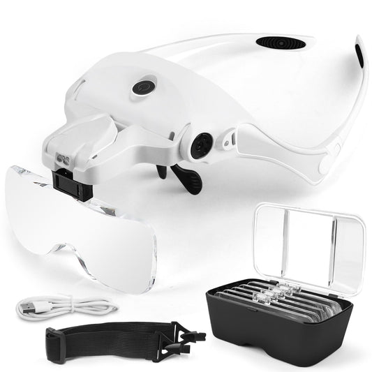 AUTOPkio LED Headband Magnifying Glass with Light, USB rechargeable, adjustable hands-free headset magnifier with 2 LED lights. Lightweight headband magnifying glasses for repairing, 5 lenses 1.0X, 1.5X, 2.0X, 2.5X, 3.5X.