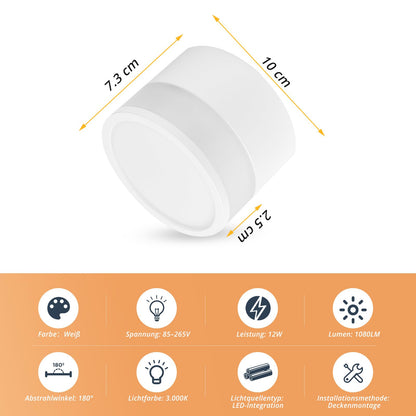Temgin IP65 surface-mounted ceiling light in matte white, LED 12W 3000K warm white, aluminum ceiling spots, 230V Ø10cm mountable ceiling lamp for bathrooms.