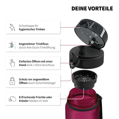 720°DGREE water bottle 1l with motif "uberBottle" + sieve - Leak-proof, lightweight, BPA-free, shatterproof - Water bottle for university, sports, fitness, cycling, outdoor - Reusable Tritan sports bottle - Red