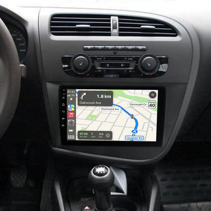 JUNHUA 9" Android 12 2GB+32GB car radio navigation for SEAT Leon MK2 2005-2012, with 1280*800 resolution. Supports Wireless Carplay, Android Auto, GPS, Bluetooth, DSP, FM Radio, RDS, WiFi. Car multimedia system.