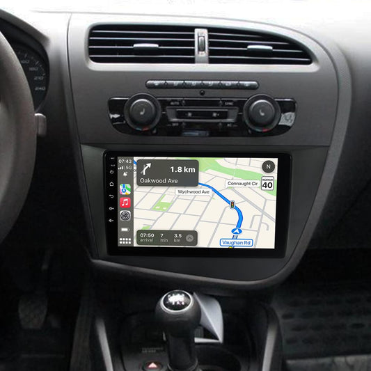 JUNHUA 9" Android 12 2GB+32GB car radio navigation for SEAT Leon MK2 2005-2012, with 1280*800 resolution. Supports Wireless Carplay, Android Auto, GPS, Bluetooth, DSP, FM Radio, RDS, WiFi. Car multimedia system.