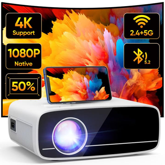 4K supported projector with 15000 lumens, native 1080P resolution, 5G WiFi, Bluetooth, 50% zoom. AKATUO mini projector for home theater and outdoor use, compatible with smartphones, HDMI, USB, laptops, and Fire TV Stick.