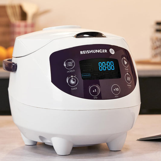REISHUNGER Digital Rice Cooker Small, White | 0.6 L for 3 people | Keep Warm Function, Timer & Premium Pot | Small Multi-Cooker & Steamer, 8 Programs, 7-Phase Technology