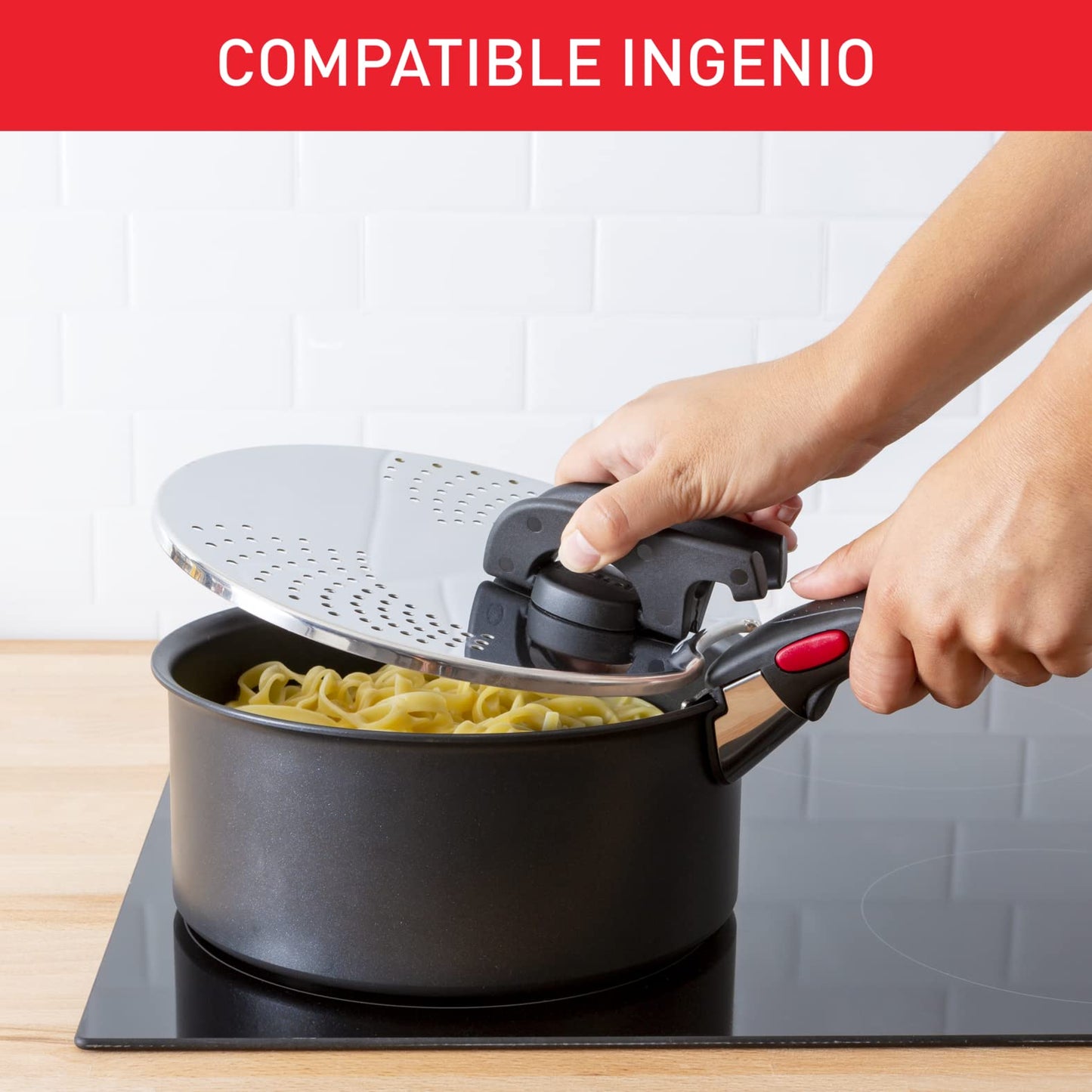 Tefal Ingenio draining lid, stainless steel, easy storage, various diameters, Ingenio, dishwasher safe, L9829402, stainless steel and black, lid for draining racks 14-20 cm.