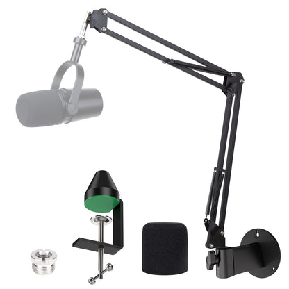 YOUSHARES microphone arm, microphone wall mount, metal table mounting clamp with pop filter for Shure MV7 microphone could allow for wall and table mounting.
