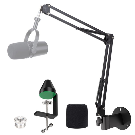 YOUSHARES microphone arm, microphone wall mount, metal table mounting clamp with pop filter for Shure MV7 microphone could allow for wall and table mounting.