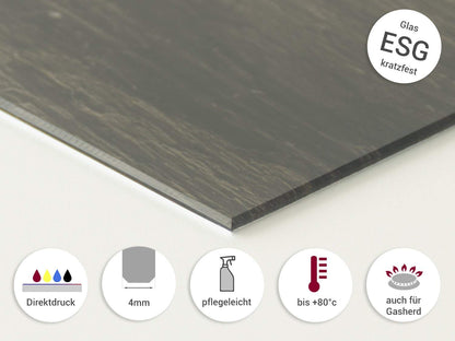 GRAZDesign kitchen glass splashback with the saying "Our kitchen with love", in grey. Backsplash glass for stove and sink, kitchen rear wall glass panel with design, 100x50cm.