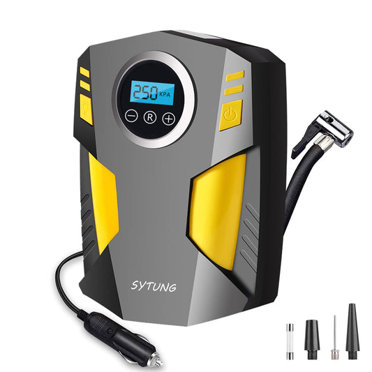 12v portable air compressor tire pump with 3 nozzle adapters and digital LED lights for car tires and other inflatable products.