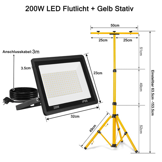 VA-Cerulean 2x 200W Warm White LED construction lights with tripod, floodlights for indoor and outdoor use with 3m power cable, IP66 waterproof work lights, yellow telescopic tripod, for construction sites, garage, garden.