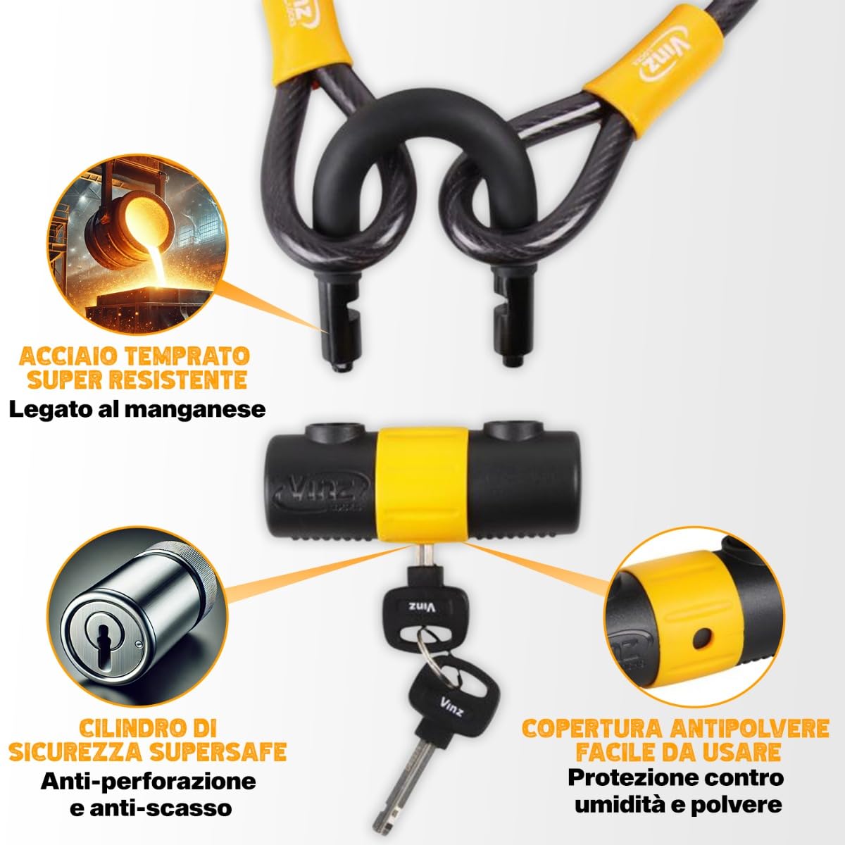 VINZ Kinabalu cable lock/loop cable ø12mm | 3 meters long | steel cable with plastic coating lock | security for bike, boat, garden furniture | 3-15m long