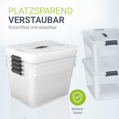 Juskys storage box with lid - 4-piece set plastic boxes 30l - large box, stackable, transparent - storage organization system storage boxes