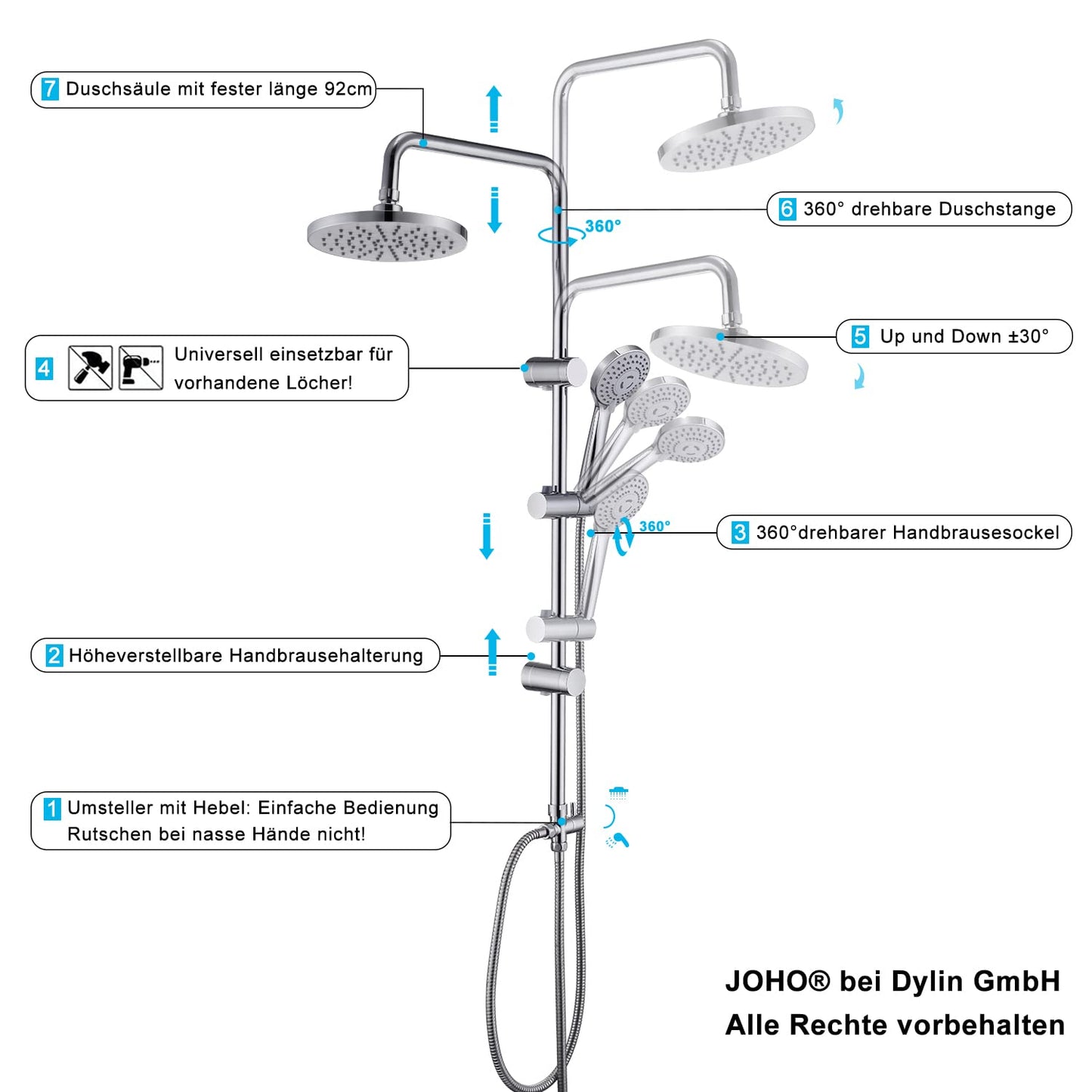 JOHO Rain Shower System without Shower Faucet, Stainless Steel Shower Set with ABS Rain Shower Head Chrome Round (N-YTD20)