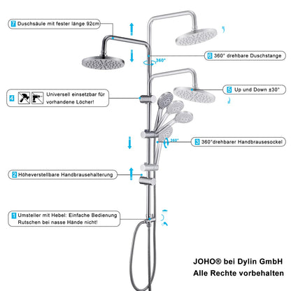 JOHO Rain Shower System without Shower Faucet, Stainless Steel Shower Set with ABS Rain Shower Head Chrome Round (N-YTD20)