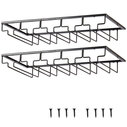 YunNasi 2 Pieces 5 Row Wine Glass Holder Metal Glass Rack Holder Under Cabinet with Screws Hanging Wine Glass Rack for Home Bar Kitchen Bar Pub Restaurant, Black
