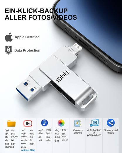 iDiskk MFi-certified 64GB Lightning-USB Photo Stick, Storage Extension Backup Flash Drive