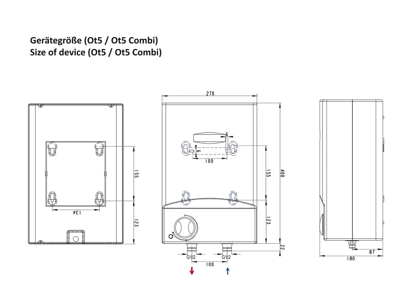 Thermoflow OT 5 Combi Over-table storage tank including low-pressure fitting | Hot water tank 5 l storage volume | Electric hot water tank G 1/2" connection | 35 - 75 °C | 65 °C in 10 min.