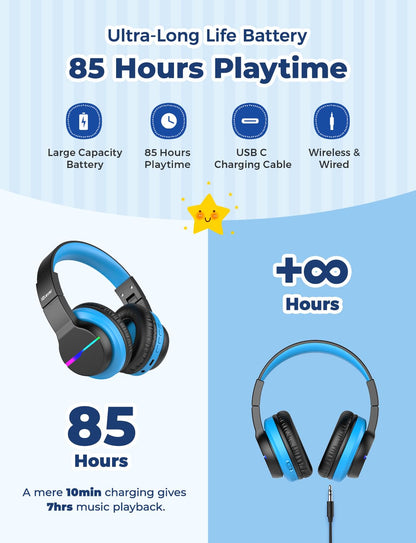 iClever Bluetooth Kids Headphones, Colorful LED Lights, Over-Ear Headphones with 74/85dBA Volume Limiting, 85 Hours Playtime, Bluetooth 5.2, Built-in Microphone BTH12