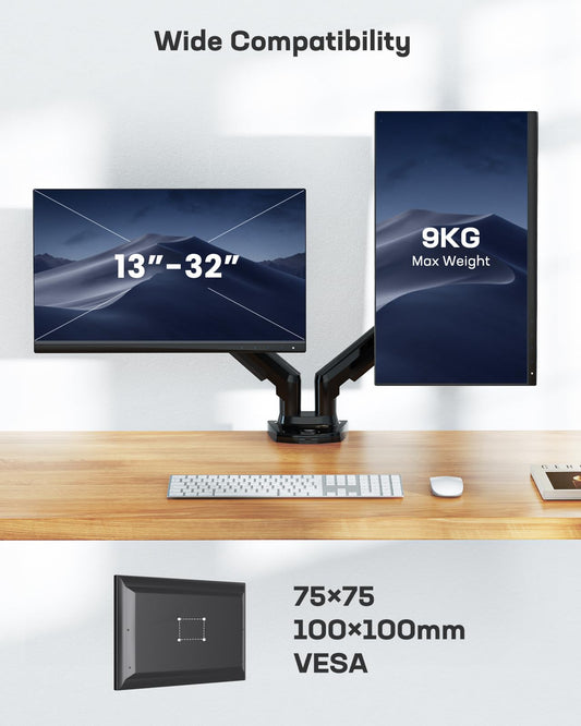 HUANUO Monitor Mount for 13 to 32 inch Screens, Dual Monitor Stand - 360° Rotation, 2 Mounting Options, VESA 75 & 100