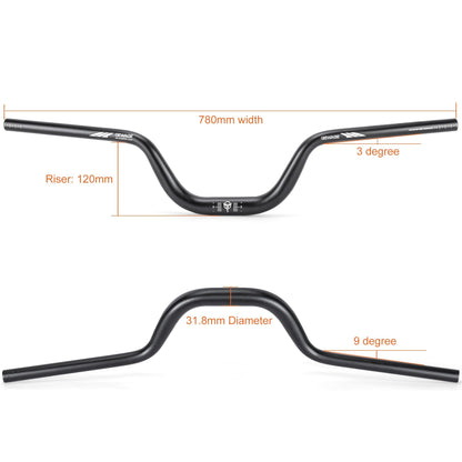 Daring bicycle riser handlebar made of lightweight aluminum alloy, 780mm long, compatible with 31.8 stem, ideal for mountain, road, and hybrid bikes with multiple rise options. (120mm height)