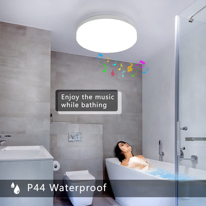 Bluetooth ceiling light 24W LED ceiling lamp with speaker, remote control and app control, RGB color changing, dimmable, IP44 waterproof, White noise adjustable for bedroom children's room Ø26CM