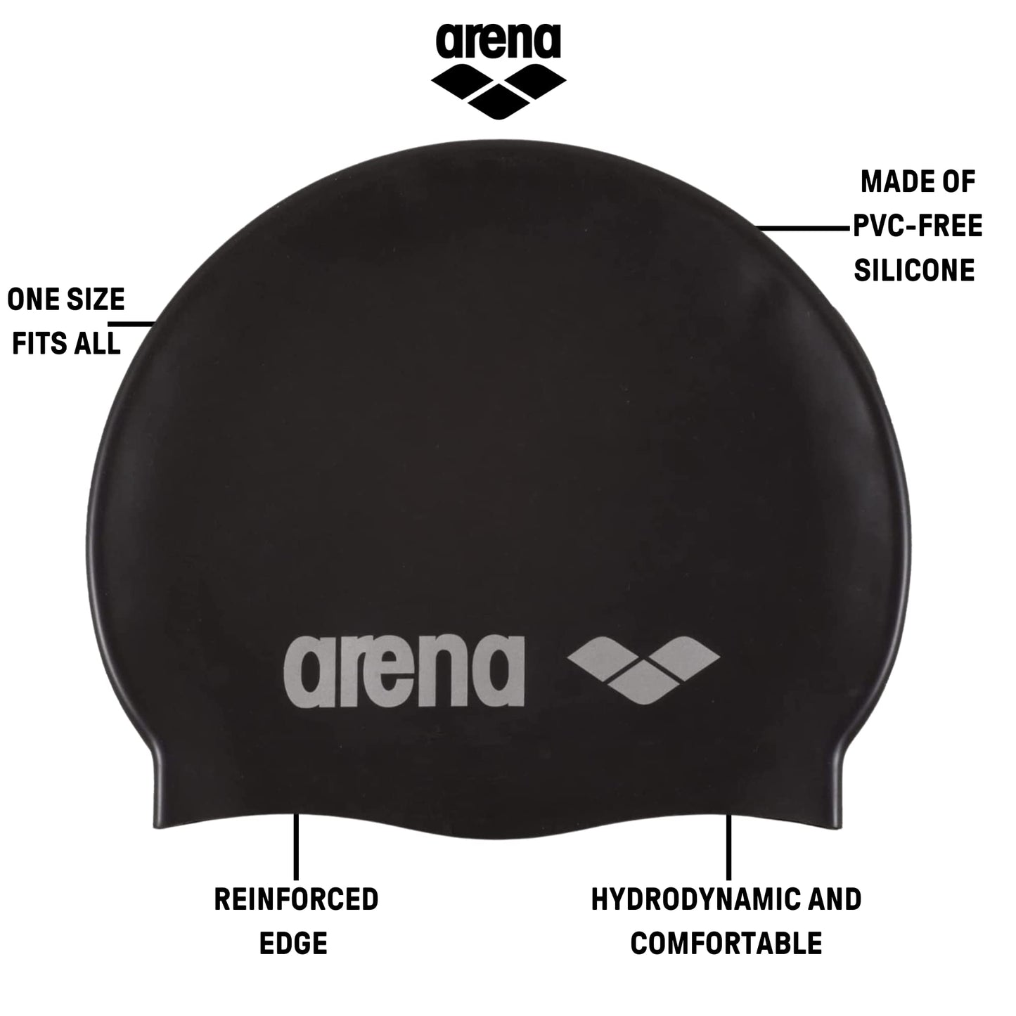 arena 95251 Unisex Swimming Competition Training Aid Finger Paddle Elite for Forearm Strength Training, Black-Silver (55), S & Unisex Swim Cap Classic Silicone, Black-Silver (55), One Size