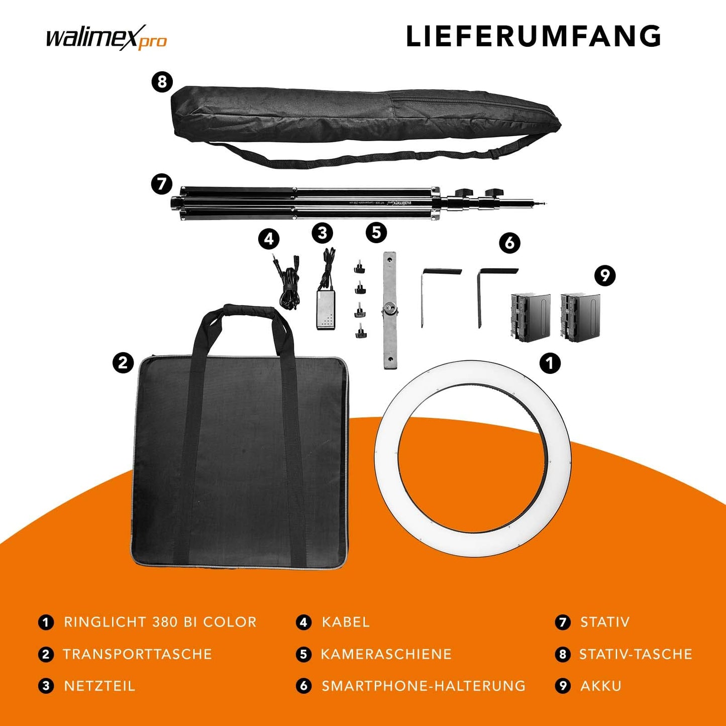 Walimex pro dimmable LED ring light 32W with lamp stand & 2 batteries I ring light with individually switchable sectors I 500 Bi Color camera light & selfie light I with accessories + bag