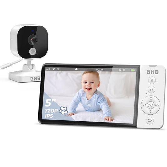 GHB baby monitor with camera 5 inch 720P HD 5000mAh IPS display VOX mode digital zoom night vision two-way talk temperature display ABM700