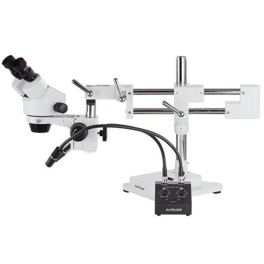 AmScope LED-11CR high-power LED dual-illuminator with gooseneck and ring light.