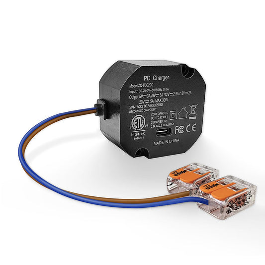 30W USB Type C Power specifically designed for USB C tablets like iPad - fits 86x86mm junction boxes in walls. PSE certified with auto-negotiation for 100~240V/AC 50Hz input, and 5V/3A 9V/3A 12V/2.5A 15V/2A 20V/1.5A output.
