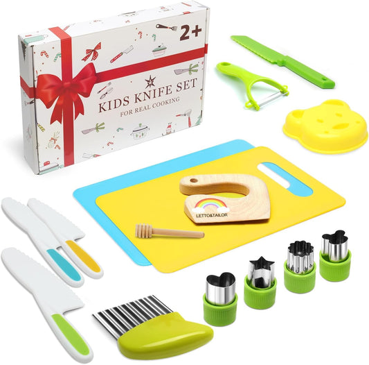 Children's knife 16-piece children's safety cooking knife kitchen knife set with vegetable cutters, wooden knives, cutting board etc. Montessori toy as a birthday gift for children aged 2 years and older.
