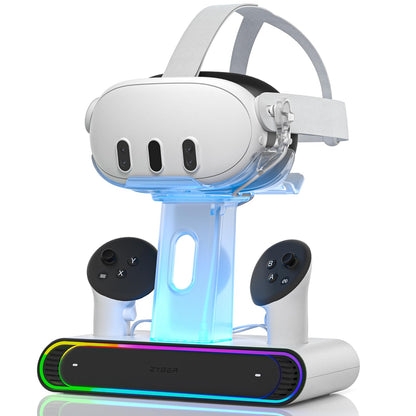 ZYBER RGB charging station for Meta Quest 3 accessories, fast charging dock with 2 rechargeable batteries for Oculus Quest 3, VR headset stand & controller holder