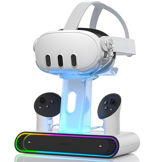 ZYBER RGB charging station for Meta Quest 3 accessories, fast charging dock with 2 rechargeable batteries for Oculus Quest 3, VR headset stand & controller holder